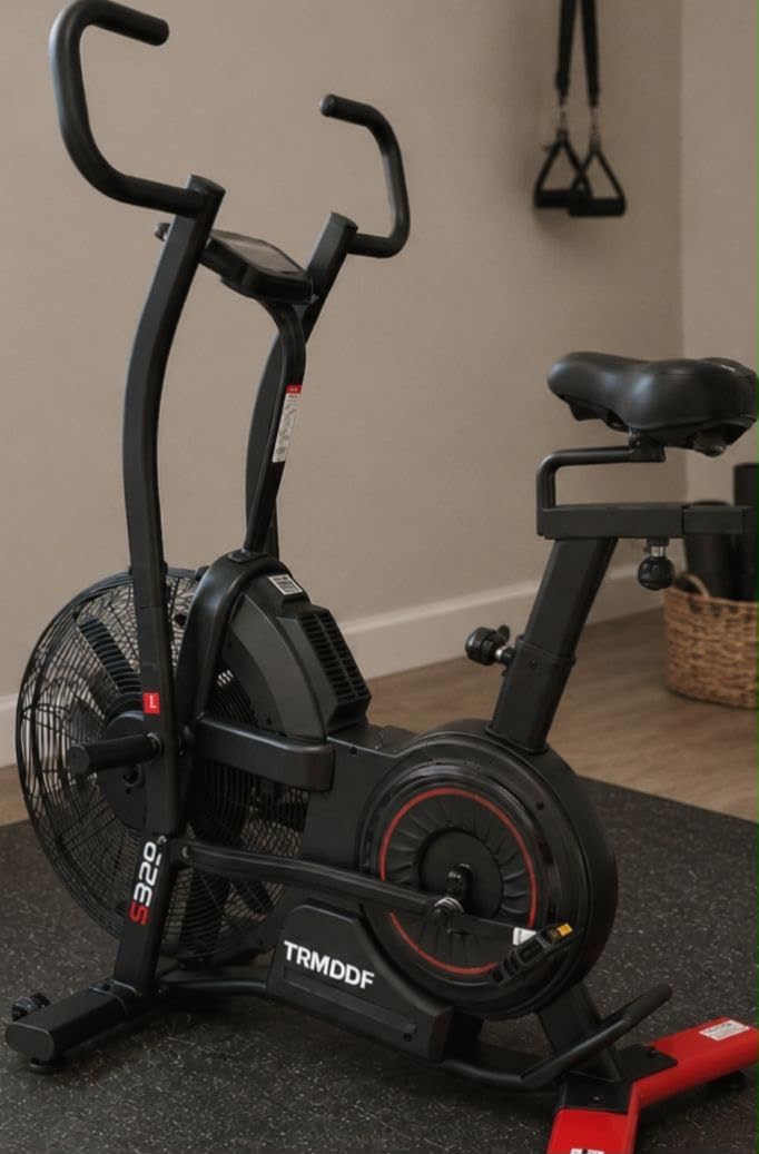 Air Resistance Fan Exercise Bike, Upright Stationary Indoor Cycling Bike with Bluetooth Connection, Dual Action Handlebars and Dual-Layer Transmission System for Home Gym Cardio Training customer photo 2