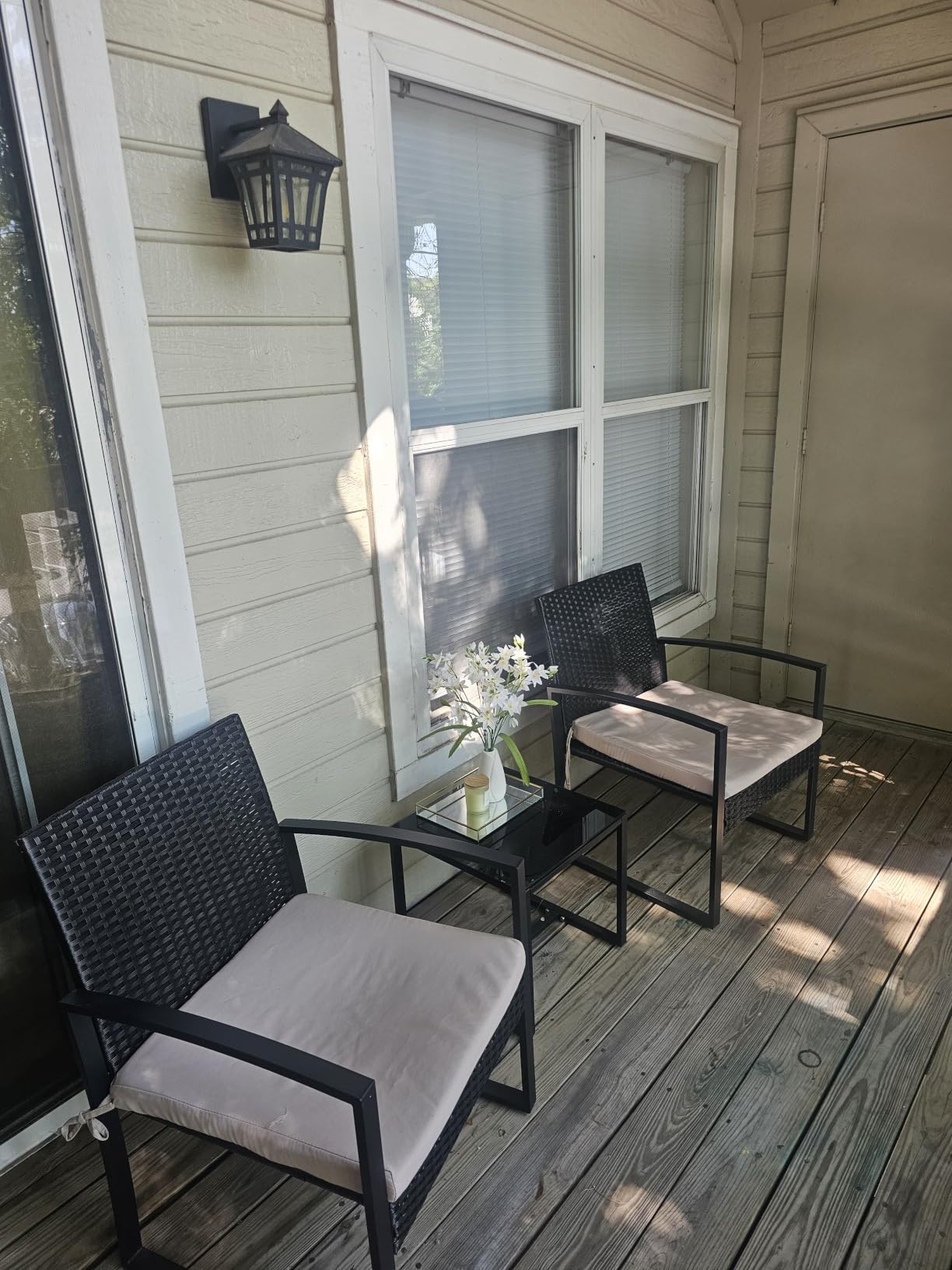 Murago Outdoor 3-Piece Wicker Bistro Set, Patio Conversation Set | 2 chairs with Coffee Table, for Balcony, Porch, Garden, Yard, Poolside, Black Frame & Black Cushion customer photo 1