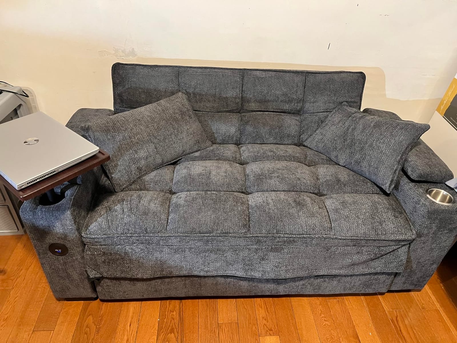 65'' Convertible Sleeper Sofa Bed with Swivel Side Table, Chenille Pull Out Couch for Living Room, Loveseat Sleeper Couch with Hidden Storage Space | Charging Port | Cup Holders, Grey customer photo 1