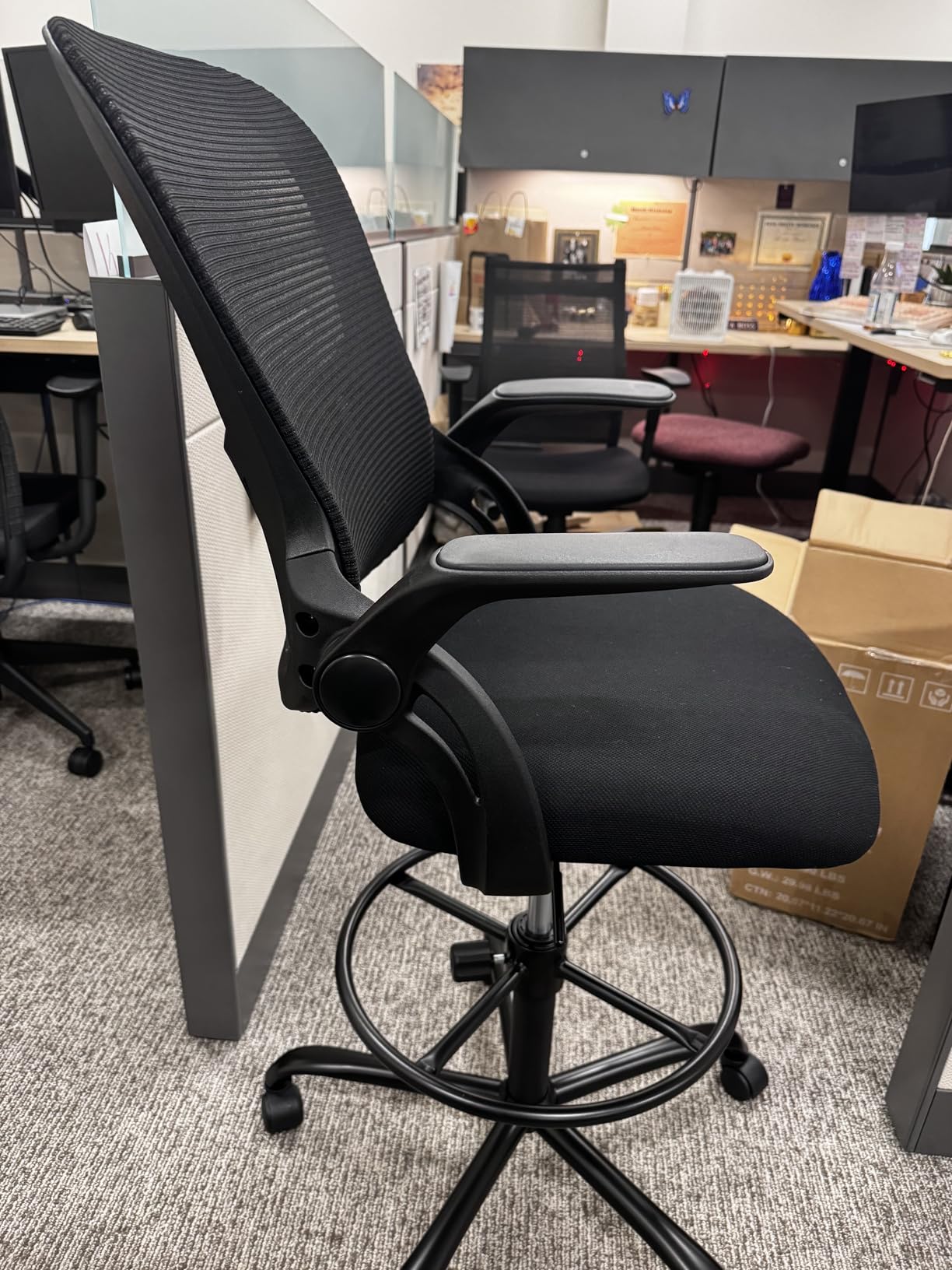 Sweetcrispy Tall Drafting Chair, High Office Desk Chair with Lumbar Support | Adjustable Height, Comfy Flip-up Arm, Footrest, 360 Rolling Counter Stool, Grey customer photo 1