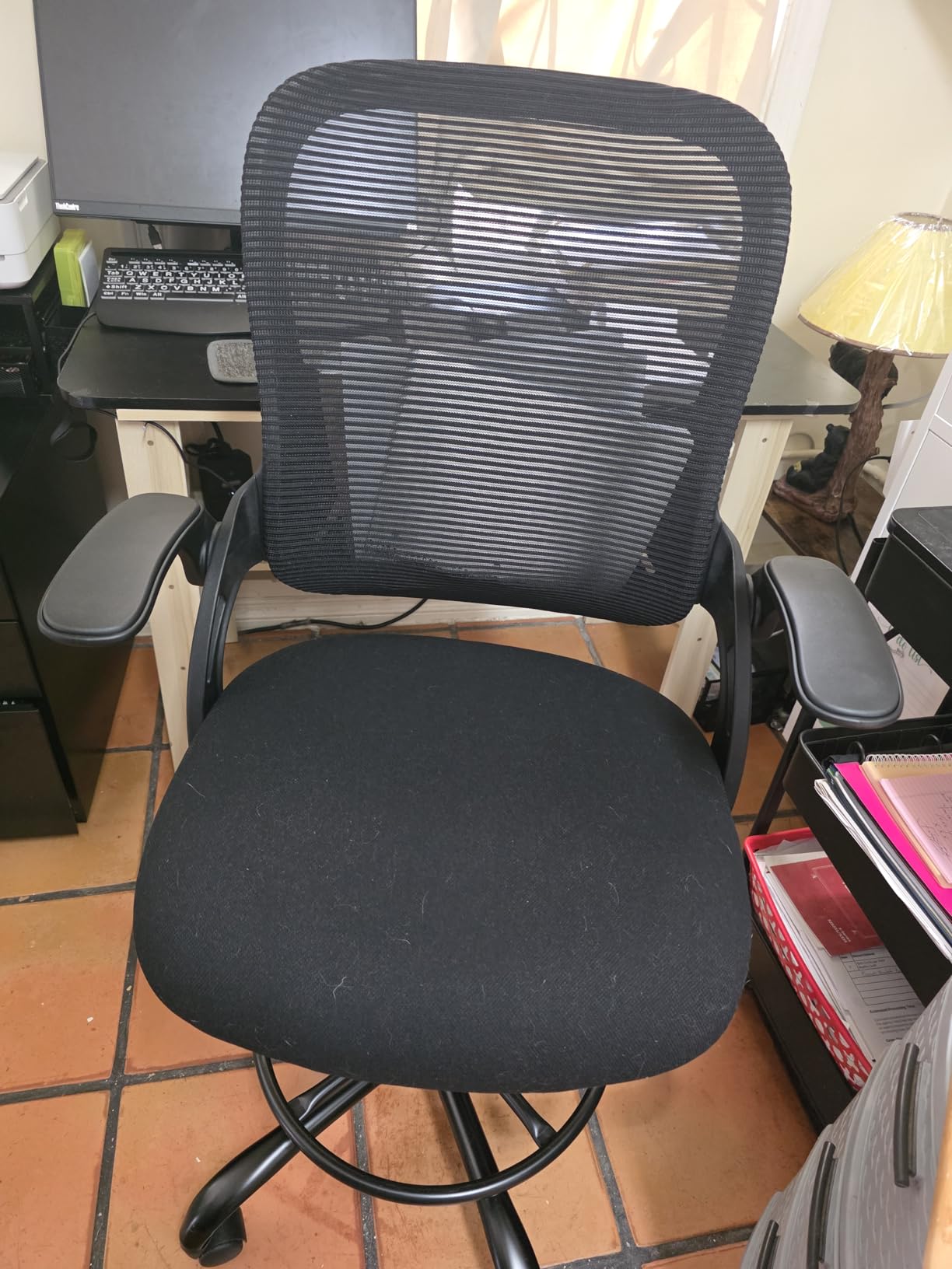 Sweetcrispy Tall Drafting Chair, High Office Desk Chair with Lumbar Support | Adjustable Height, Comfy Flip-up Arm, Footrest, 360 Rolling Counter Stool, Grey customer photo 2