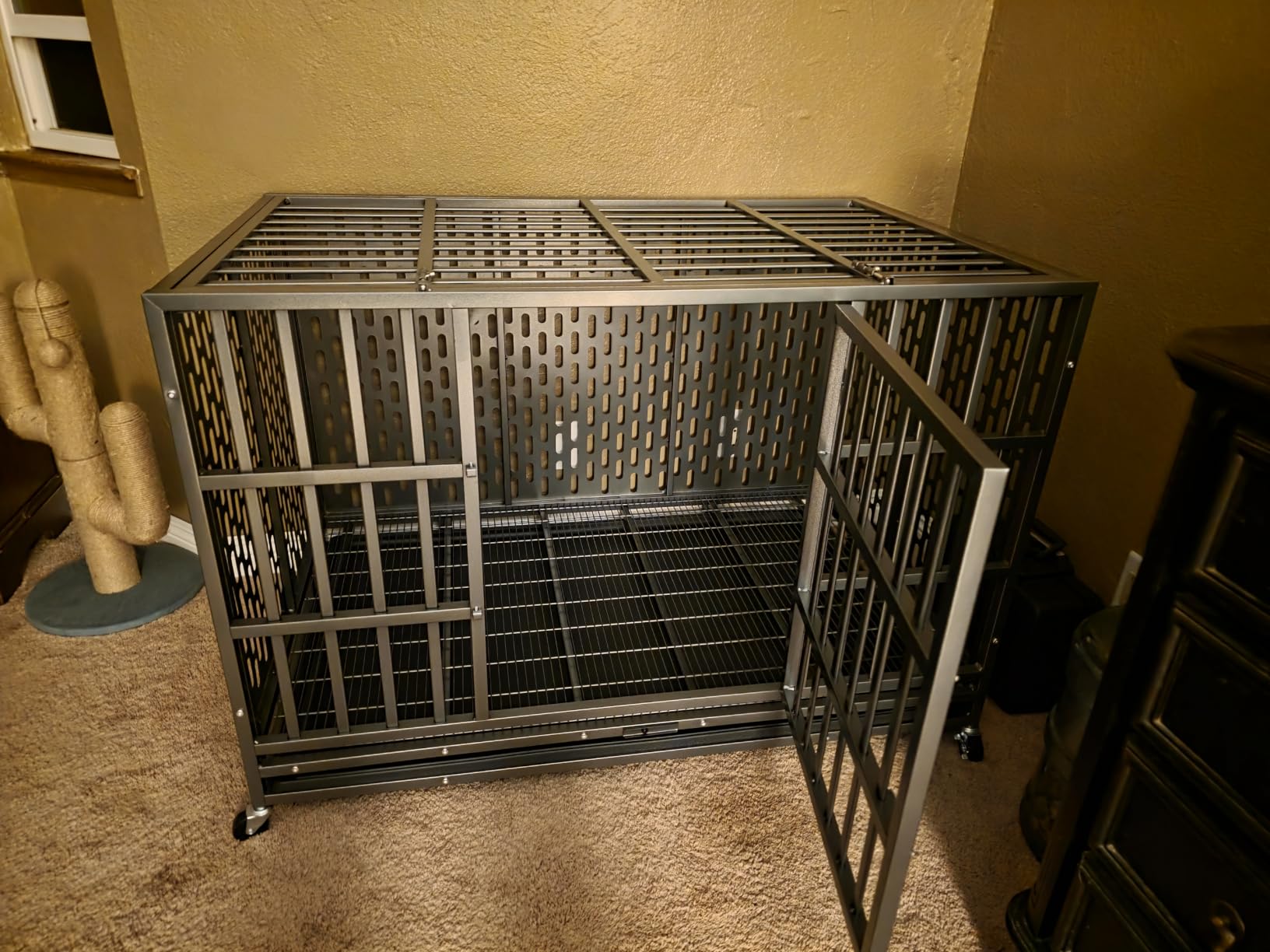 HIWOKK 38 Inch Heavy Duty Indestructible Dog Crate, for High Anxiety Dog | Heavy duty steel, Chew-proof, Dual doors with escape-proof locks, Removable easy clean tray, Locking casters, Easy assembly customer photo 1