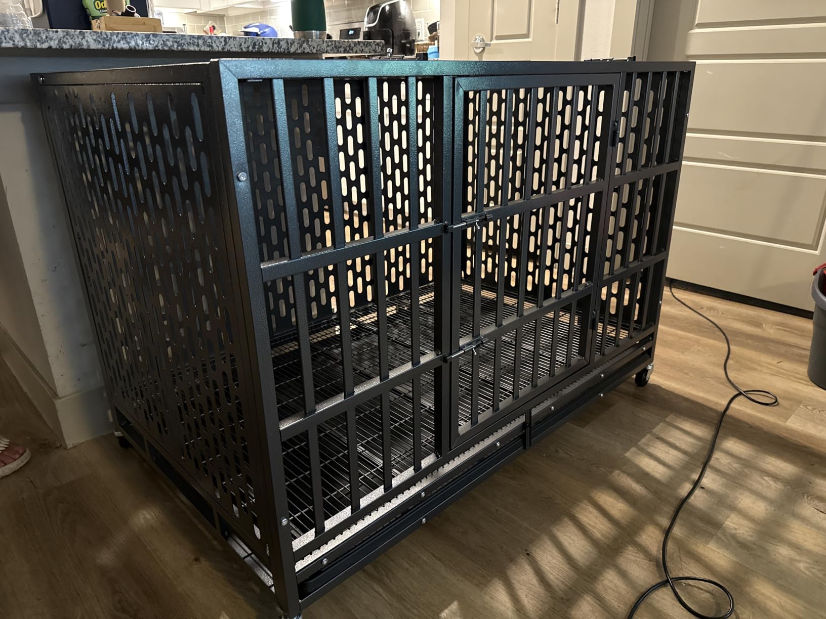HIWOKK 38 Inch Heavy Duty Indestructible Dog Crate, for High Anxiety Dog | Heavy duty steel, Chew-proof, Dual doors with escape-proof locks, Removable easy clean tray, Locking casters, Easy assembly customer photo 2