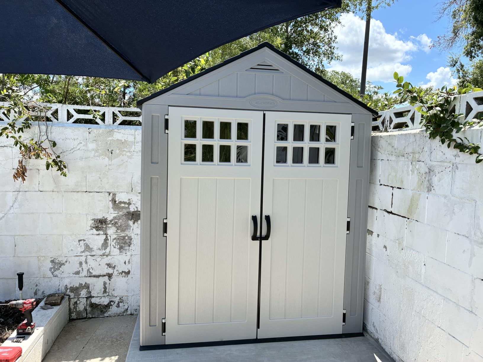 Suncast Everett 6x3 ft Vertical Storage Shed - Resin Outdoor Garden Shed with Floor, Windows, Skylight & Lockable Double Doors. Slim Yard Storage for Utility Tools & Backyard Equipment customer photo 2