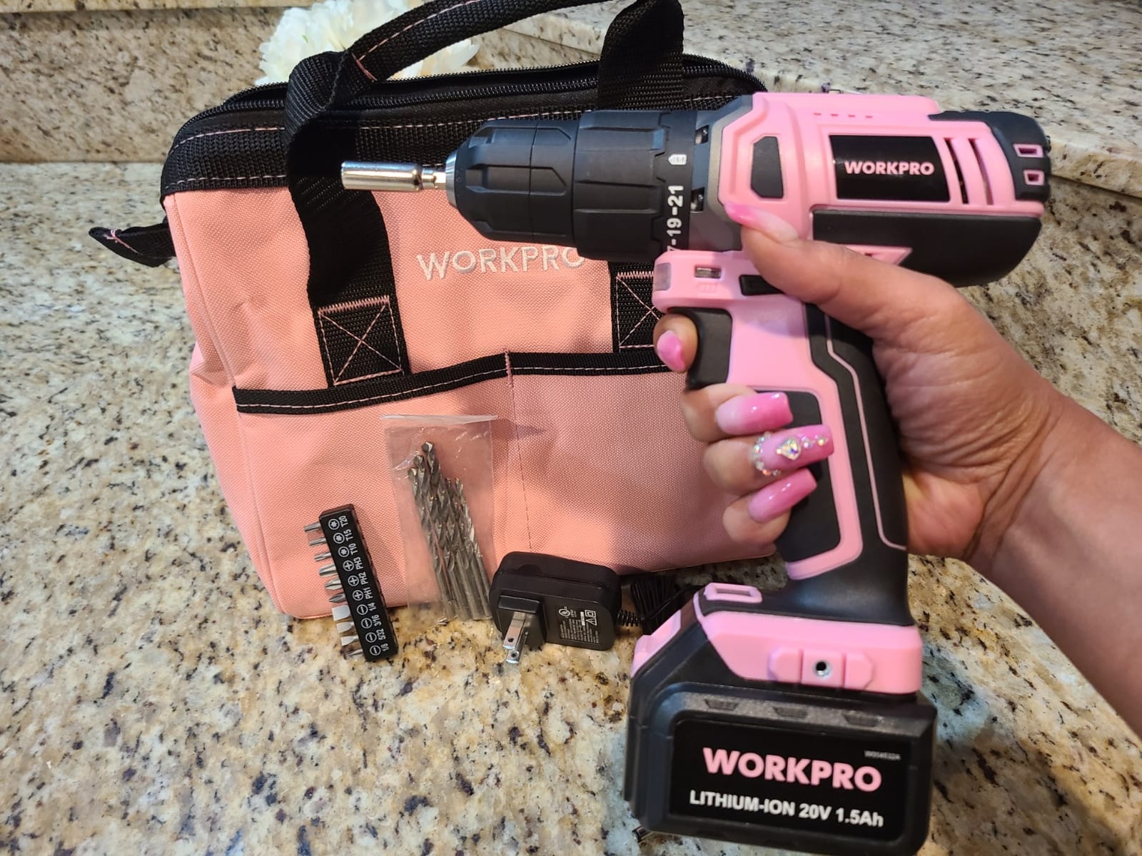 WORKPRO 20V Cordless Drill Driver Set, Pink, 3/8