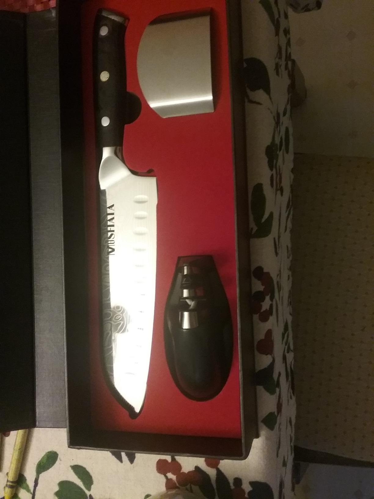 MOSFiATA Santoku Knife- 7 Inch Vegetable Knife Ultra Sharp Chopping Knife- Forged EN.4116 German Steel- Including Sheath,Finger Guard,Knife Sharpener,Full Tang,Best Gifts with Handmade Gift Box customer photo 2