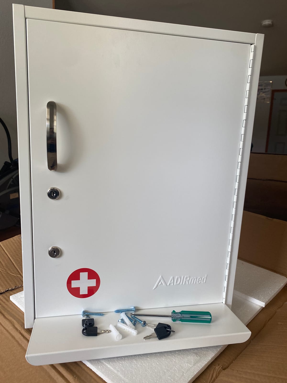 AdirMed White Locking Medication Cabinet with Document Pocket, Metal Wall Mounted Medication Cabinet with Dual Lock and Dual Keys, 21