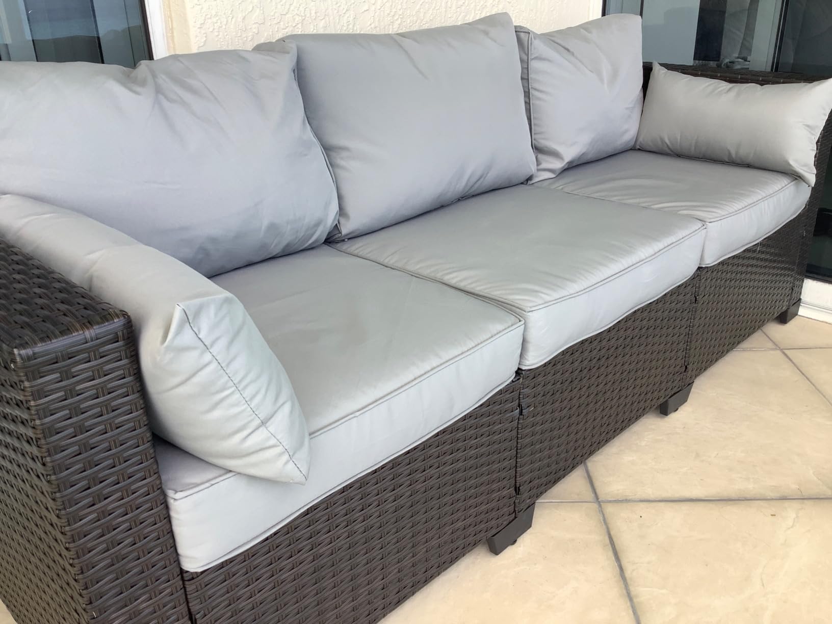 Rattaner 3-Seat Patio Wicker Sofa, Outdoor Rattan Couch Furniture Steel Frame with Furniture Cover and Deep Seat High Back, Blue Anti-Slip Cushion. customer photo 2