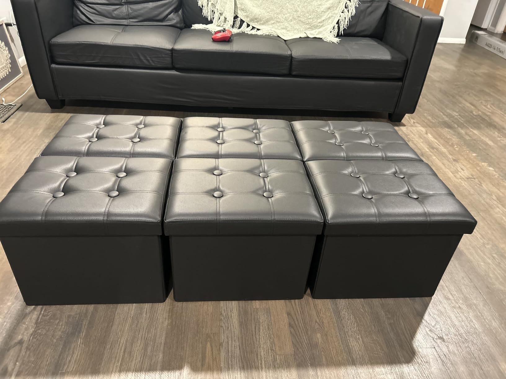 Bsketa Storage Ottoman Bench,17 Inch Folding Leather Foot Rest Stools,Black customer photo 2