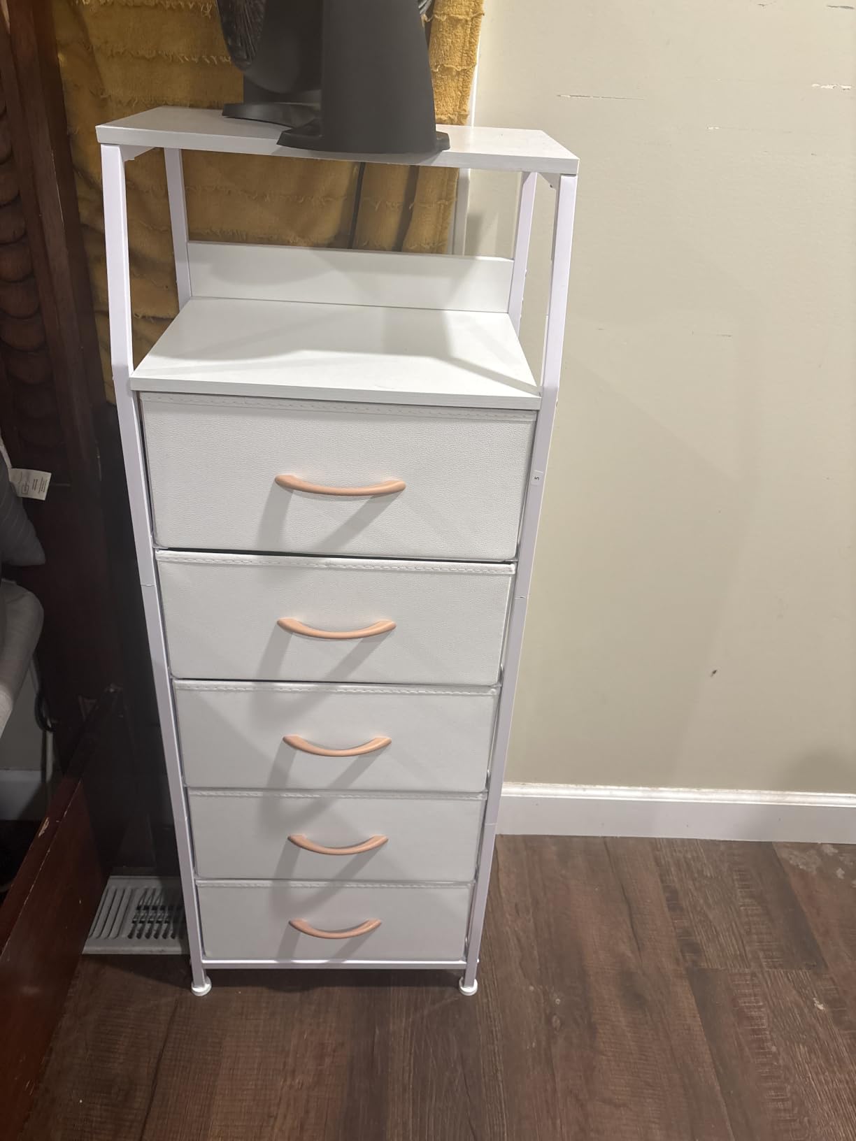 Furnulem White Tall Dresser for Bedroom, 5 Fabric Bins Tall Nightstand customer photo 2
