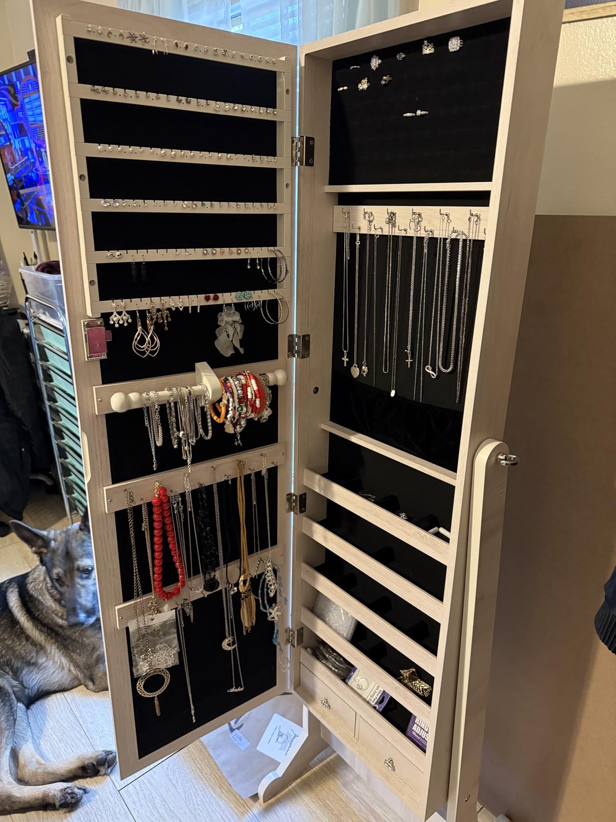 Best Choice Products Freestanding Jewelry Armoire Cabinet, Full Length Standing Mirror, Lockable Makeup Storage Organizer, w/Velvet Lining, 3 Angles, Lock, Accessory Pouch, 5 Shelves - Gray Oak customer photo 2