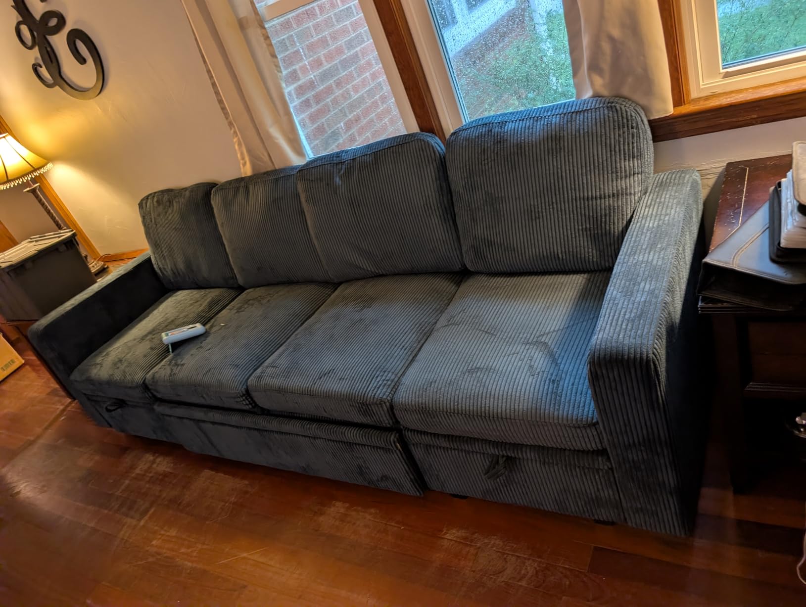 HONBAY Modular Sectional Sleeper Sofa with Pull Out Bed, Corduroy L Shaped Couch with Storage, Sectional Couches for Living Room, Green customer photo 1