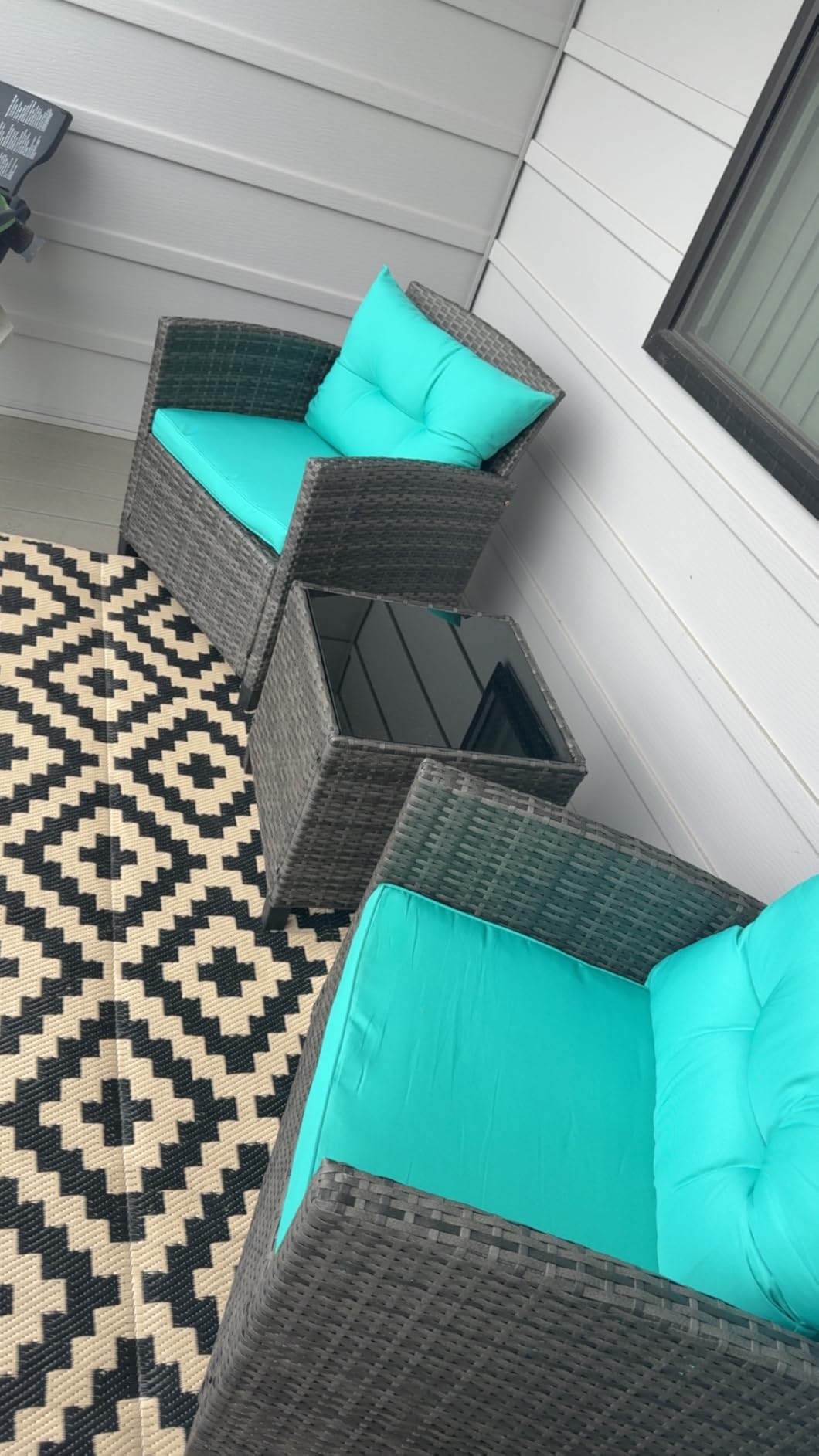 Tangkula 3 Piece Patio Furniture Set, Rattan Conversation Set w/Soft Seat & Back Cushions, Tempered Glass Topped Coffee Table, Cushioned Wicker Seating Set for Backyard, Porch, Poolside (Black) customer photo 1