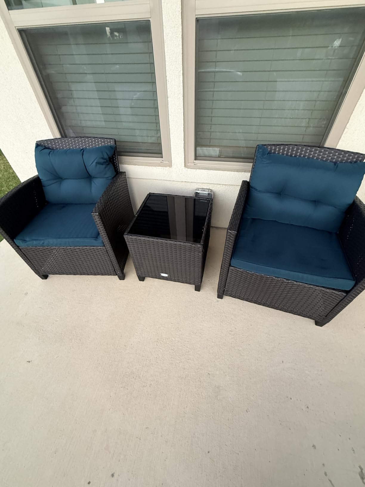Tangkula 3 Piece Patio Furniture Set, Rattan Conversation Set w/Soft Seat & Back Cushions, Tempered Glass Topped Coffee Table, Cushioned Wicker Seating Set for Backyard, Porch, Poolside (Black) customer photo 2