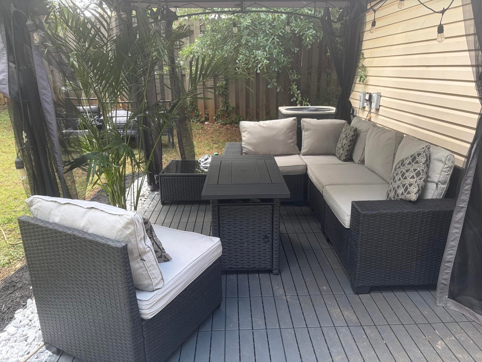 Aoxun Outdoor Patio Furniture Set with 44'' Fire Pit Table, 7 Pcs Outdoor Sectional with 4in Thicken Cushion, Widen Armrests Wicker for Backyard, Grey customer photo 1