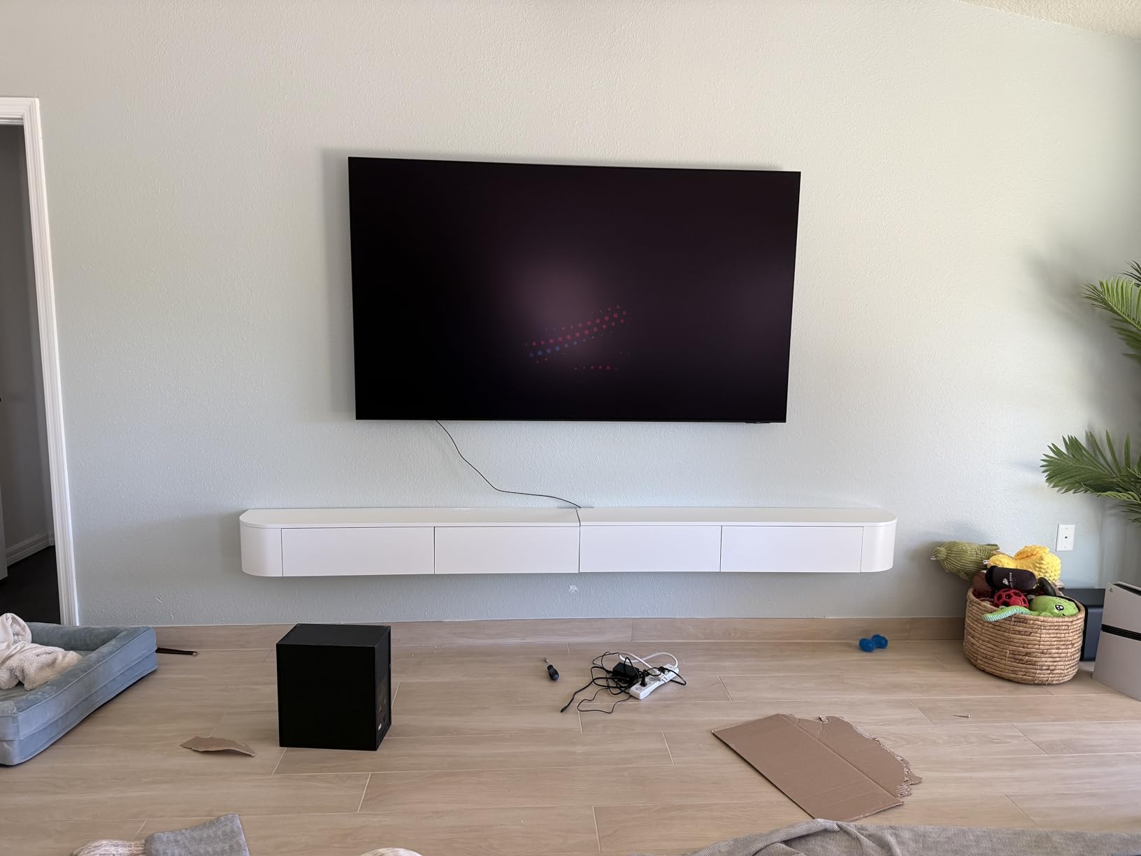 Floating TV Stand Large Floating TV Shelves Wall Mounted Multi Storage Compartment TV Media Console Floating TV Cabinet Bench Under TV Large Storage (Brown with LED, 94.5 * 7.9 * 11.8 in) customer photo 1