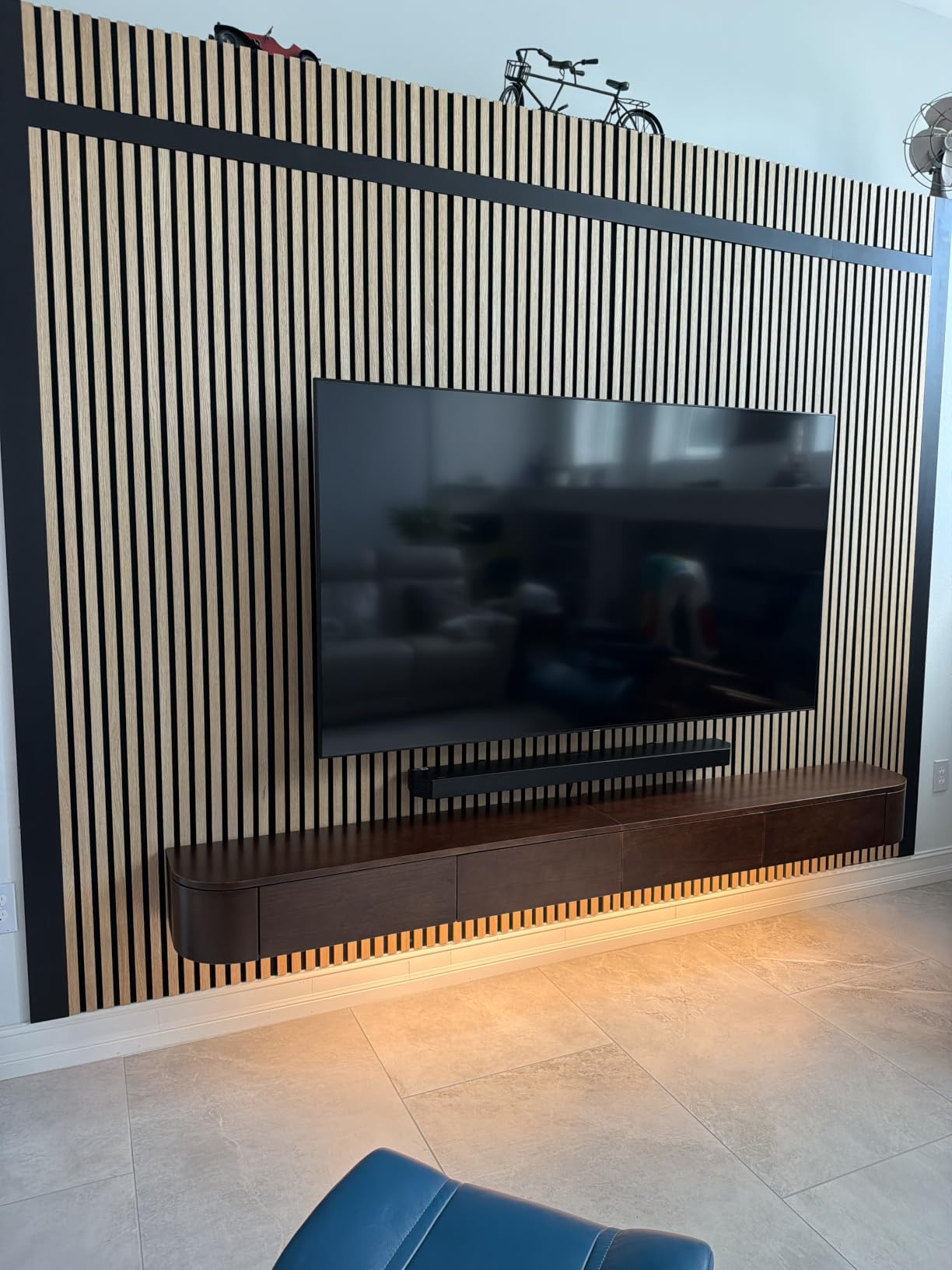 Floating TV Stand Large Floating TV Shelves Wall Mounted Multi Storage Compartment TV Media Console Floating TV Cabinet Bench Under TV Large Storage (Brown with LED, 94.5 * 7.9 * 11.8 in) customer photo 2