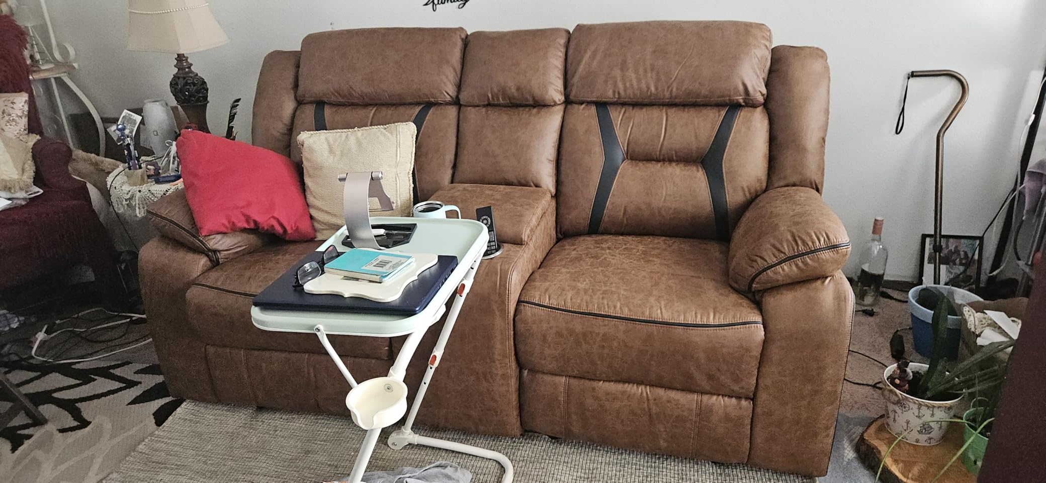 EBELLO Faux Leather Reclining Sectional Sofa Set for Living Room, 1 Recliner Chair and L-Shaped Reclining Couches Home Furniture Set with Center Console, Hidden Cup Holders and Storage, Brown customer photo 1