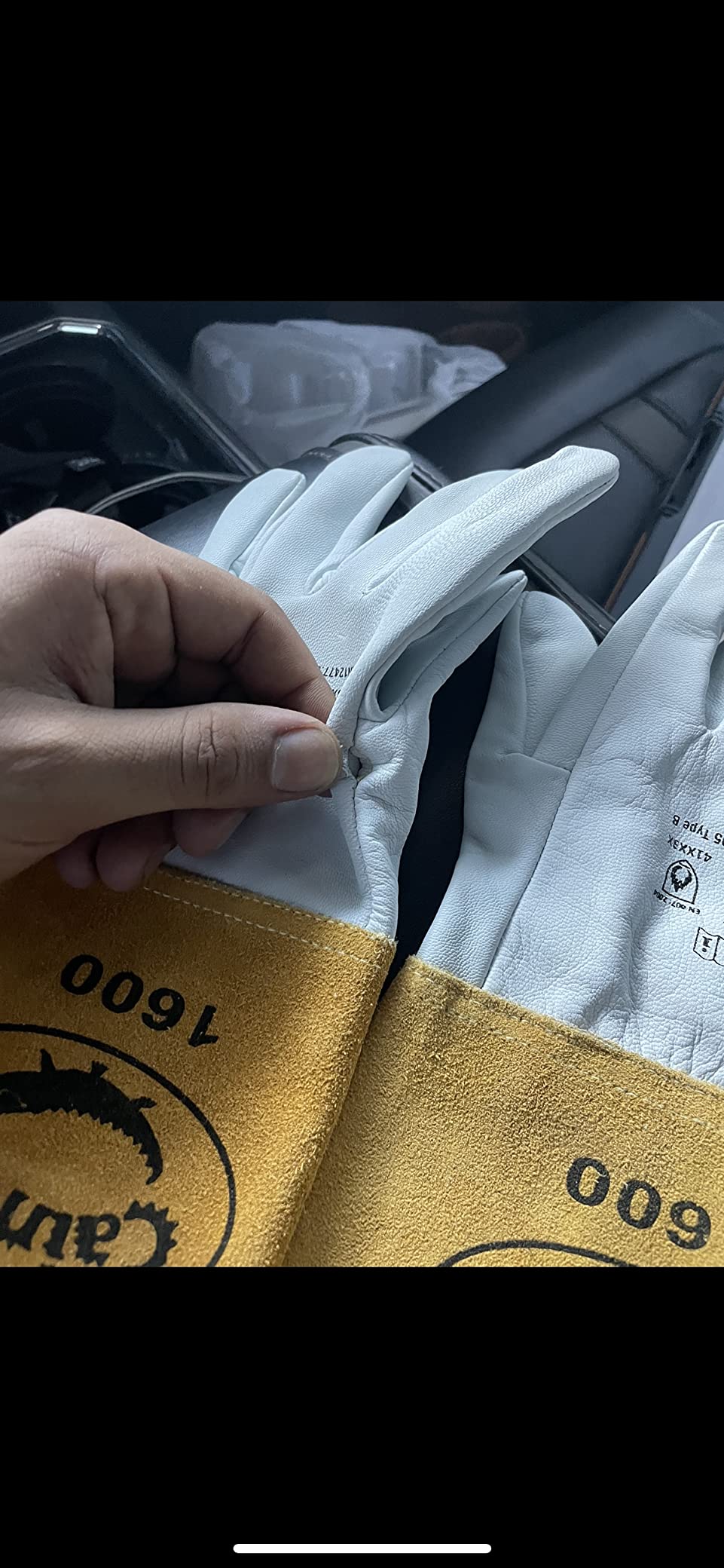 Caiman Premium Goat Grain TIG Welding Gloves, 4-Inch Gold Extended Cuff, Unlined, White/Gold, Medium (1600-4) customer photo 2