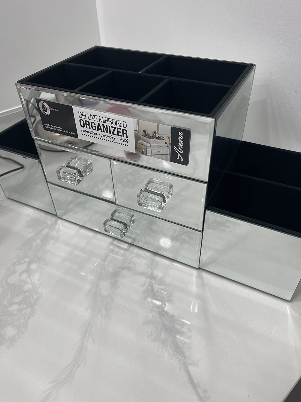 OnDisplay Amara 3 Drawer Tiered Mirrored Makeup/Jewelry Organizer - Glass Panel Organization Station for Cosmetics, Jewelry or Office/Desk Supplies customer photo 2