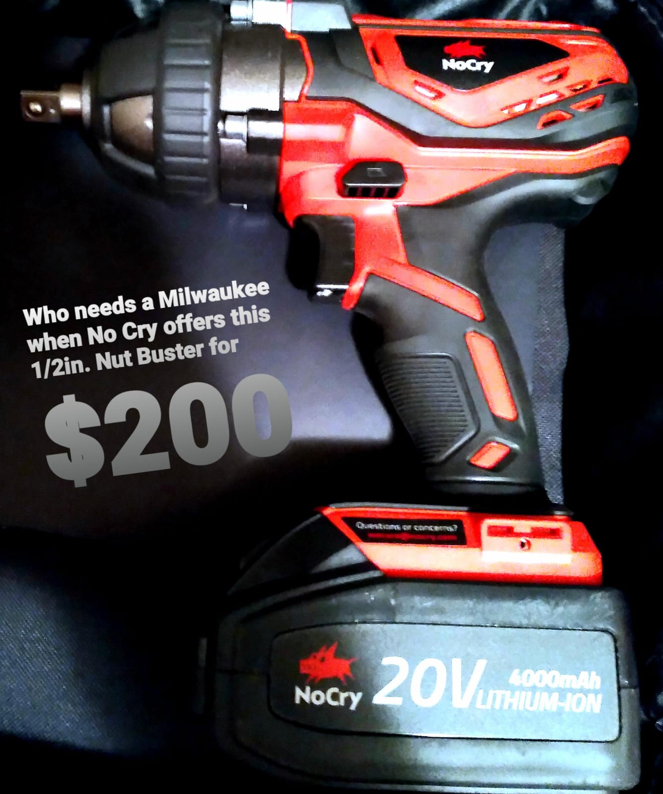 NoCry 20V Cordless Impact Wrench Kit - 300 ft-lb (400 N.m) Torque, 1/2 inch Detent Anvil, 2700 Max IPM, 2200 Max RPM, Belt Clip; 4.0 Ah Battery, Fast Charger & Carrying Case Included customer photo 1
