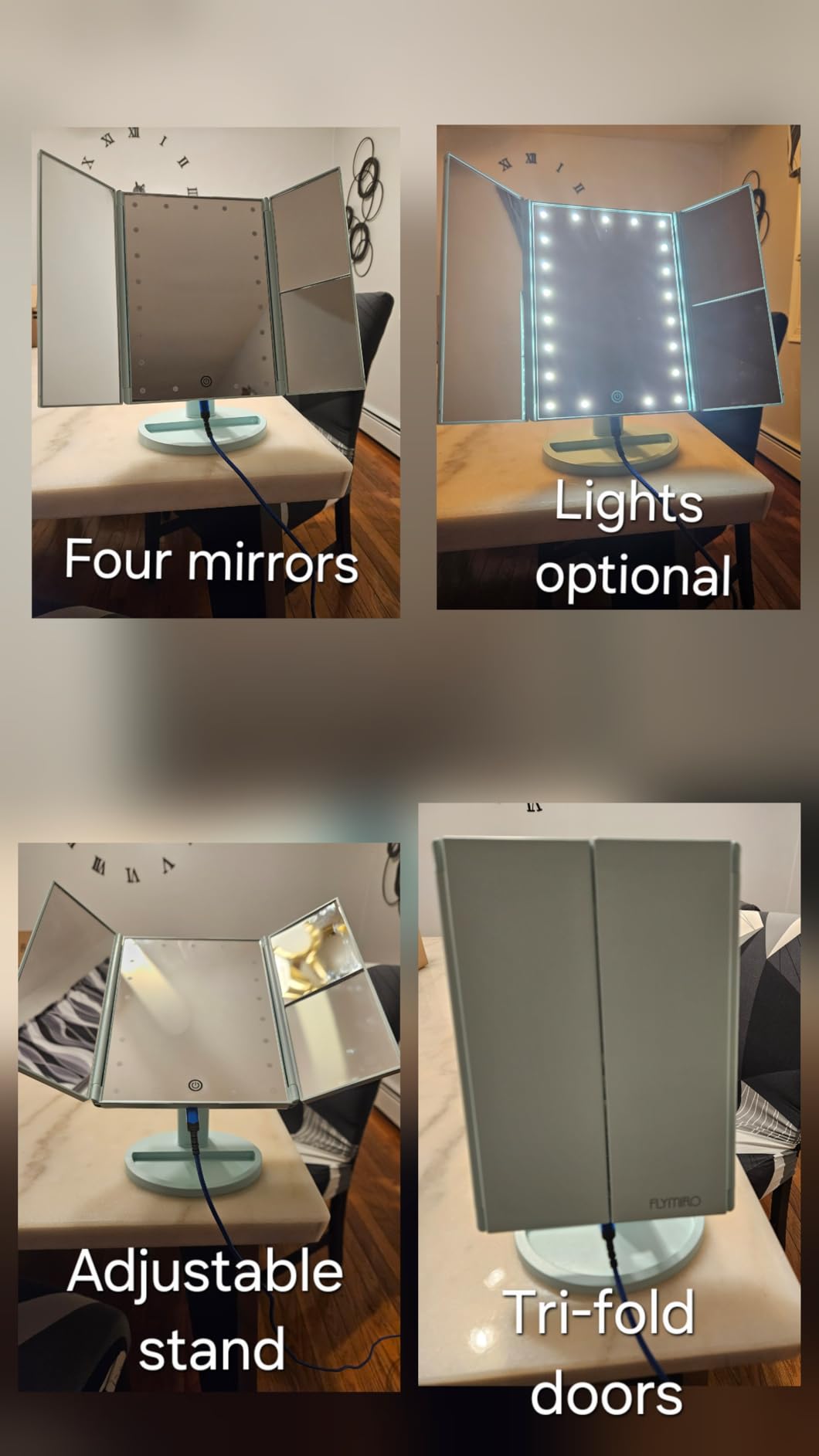Flymiro Tri-fold Lighted Vanity Makeup Mirror with 3x/2x Magnification,Light up Mirror for Makeup,Touch Screen 21 LEDs,180° Rotation Countertop Cosmetic Mirror,Gifts for Women Mom Teen Girls customer photo 2