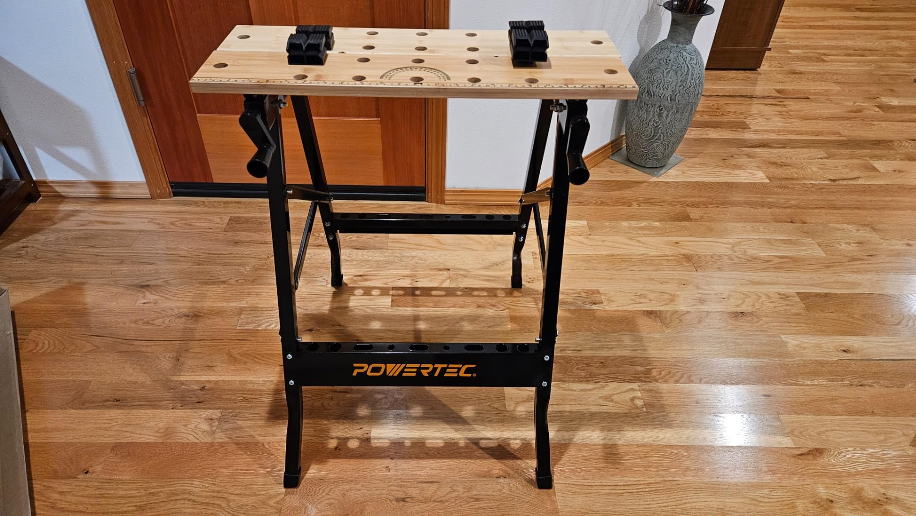 POWERTEC Portable Small Workbench with Vise, Imprinted Ruler and Protractor Scale, Folding Sawhorse/Worktable and 4 Bench Dogs for Woodworking Projects (MT4006V) customer photo 2