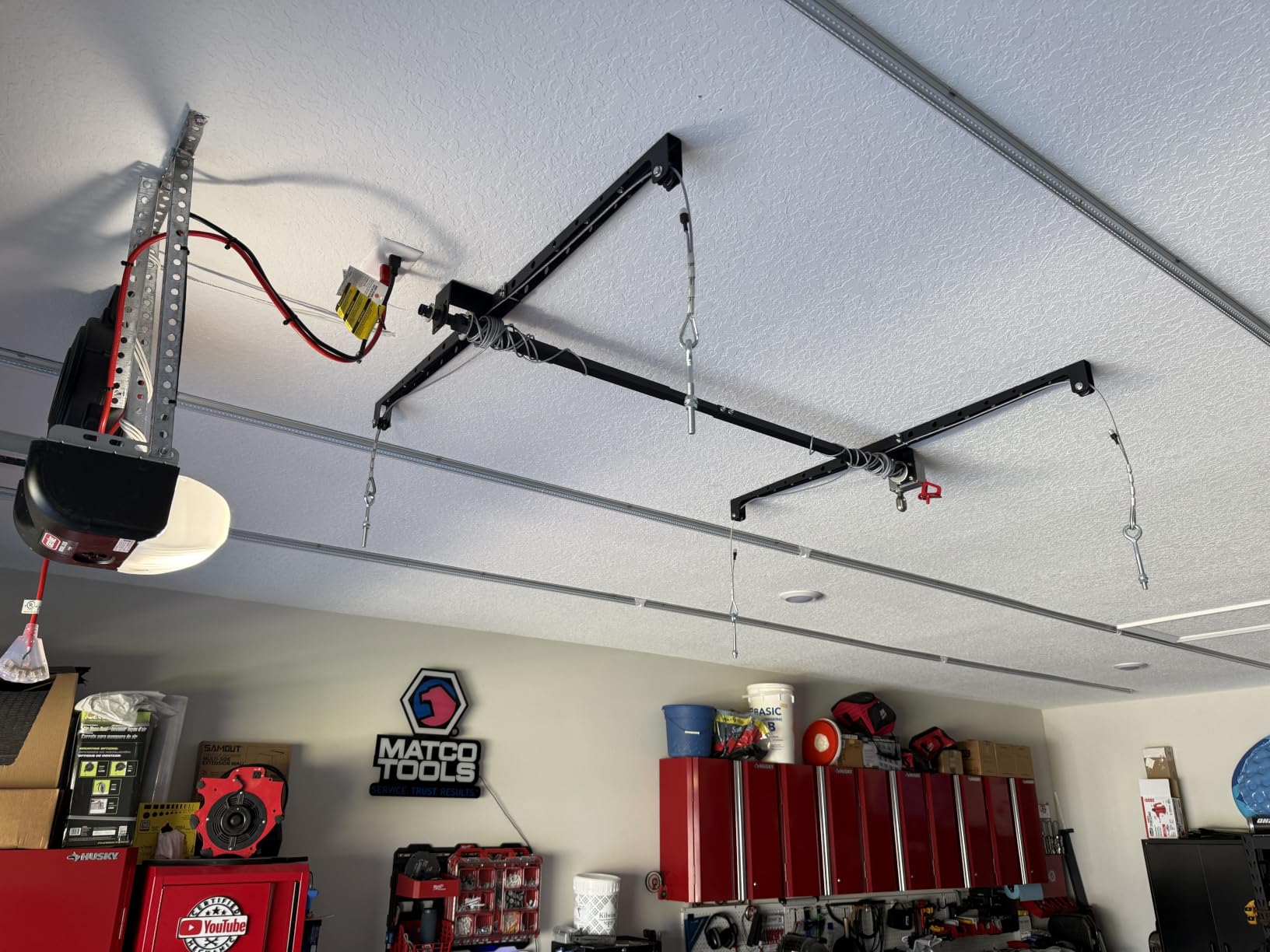 Overhead Garage Storage Rack for 8-10 FT Ceiling, Heavy-duty 4x4 FT Ceiling Storage Racks with Safety Lock, Ideal for Garage Storage Mounted Lift System and Storage Organizer, 250lb Capacity customer photo 1
