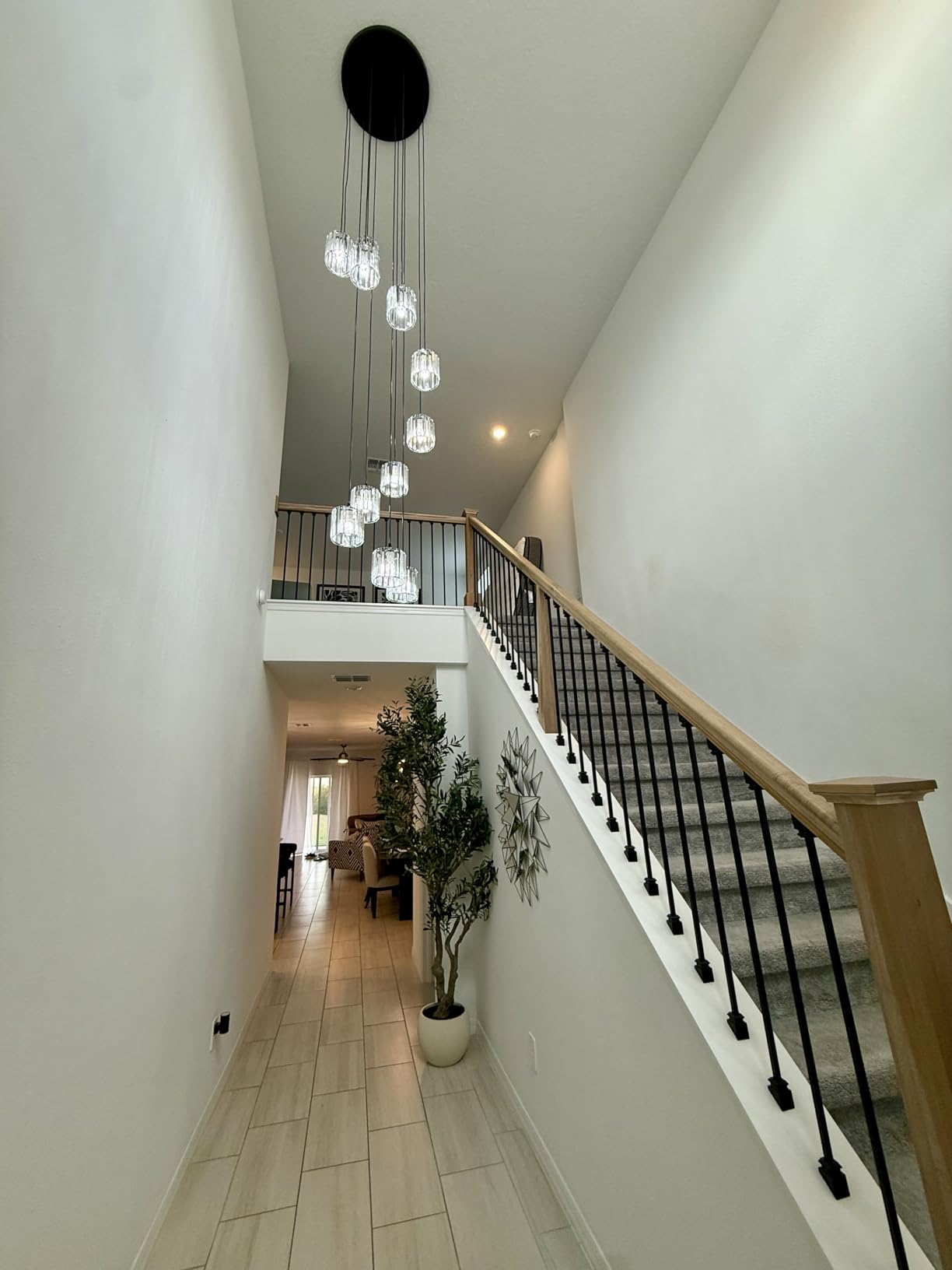 Long Chandeliers for High Ceilings,Modern Crystal Pendant Light,Raindrop Drop Lamp,Hanging Flush Mount Lighting Fixtures for Spiral Staircase,Foyer,Entryway,Living Room,Black (21 Lights) customer photo 1