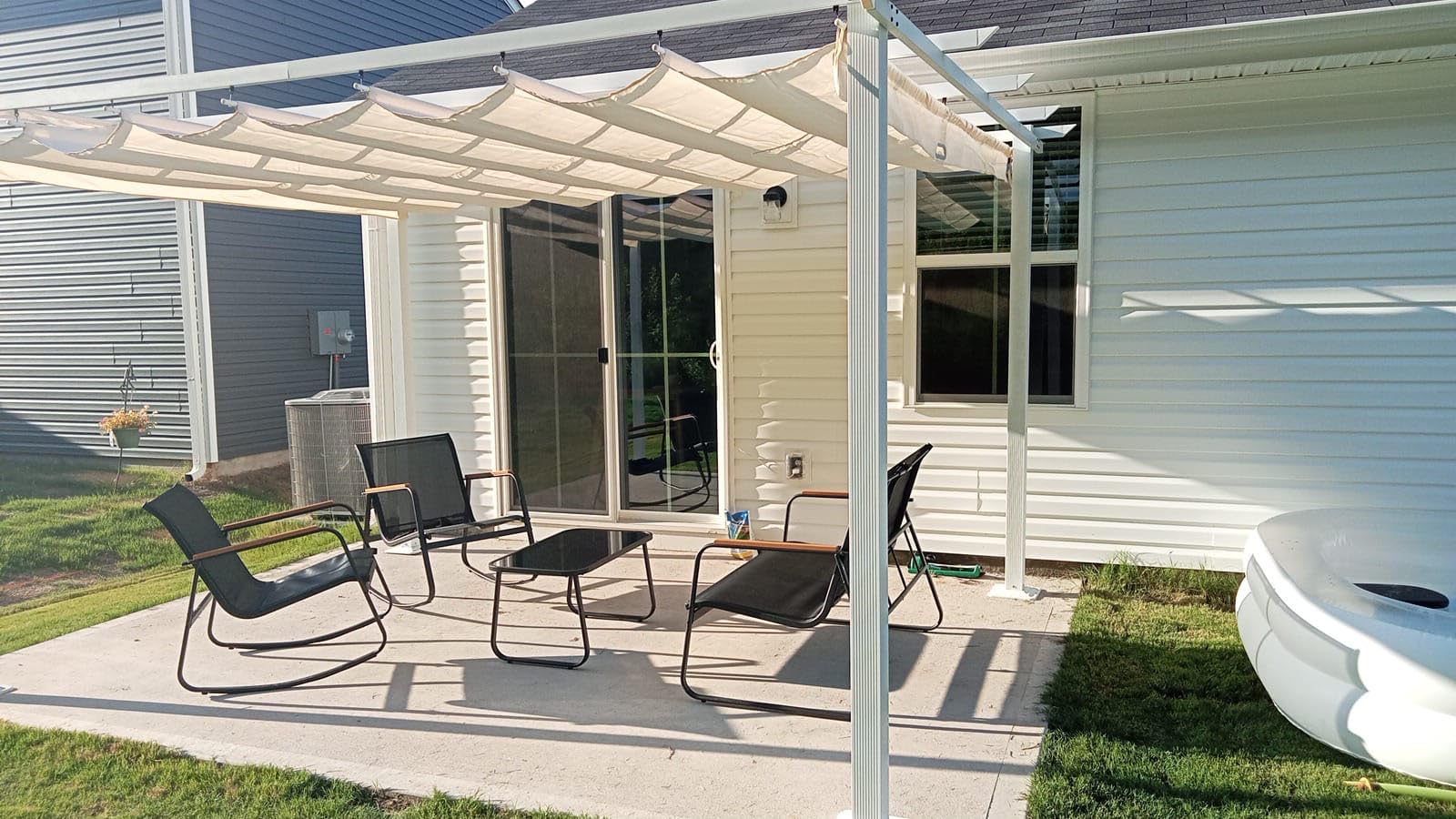 HAPPATIO 10' X 10' Retractable Pergola with Sun Shade Canopy, Patio Aluminum Frame Shelter for Backyards, Gardens, Porch, Includes Ground Studs and Expansion Screws (Grey) customer photo 1